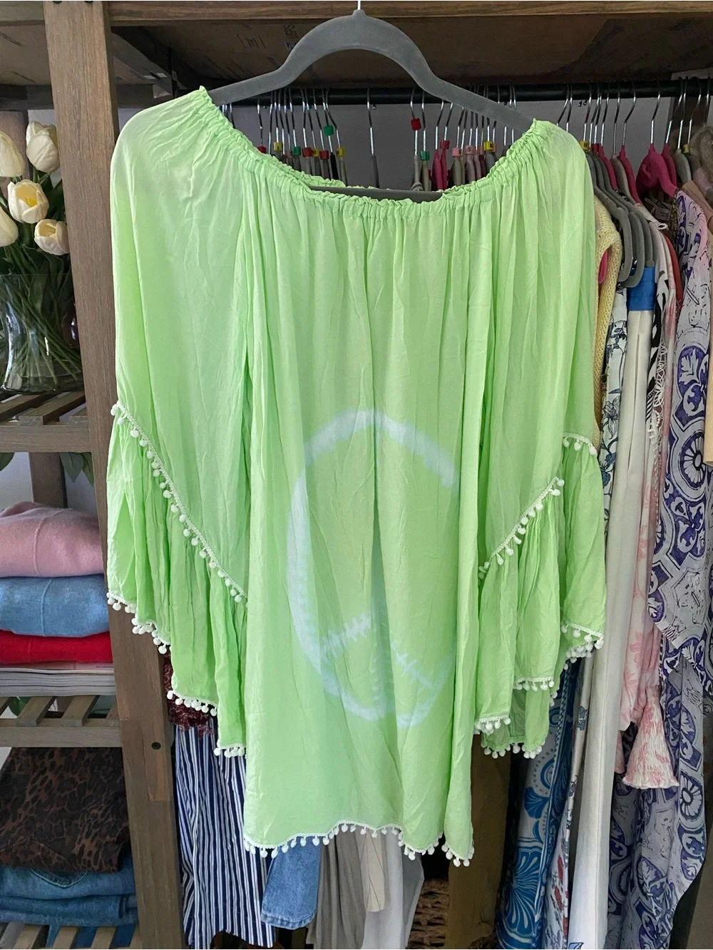 BOHO Lime Green Off-Shoulder Pom Pom Beach Cover-Up! 🐚